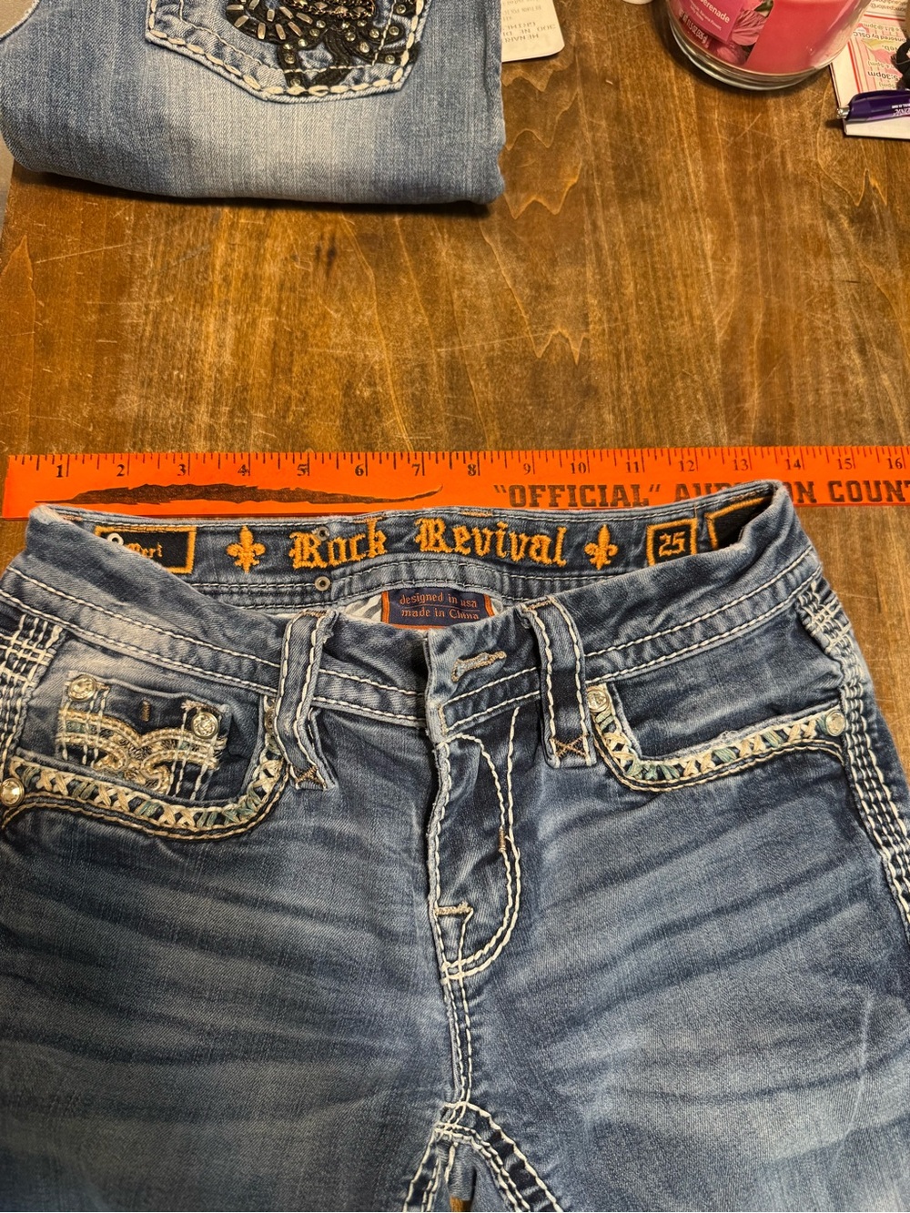 Rock Revival Blue Denim Crop Jeans with Orange Embroidery